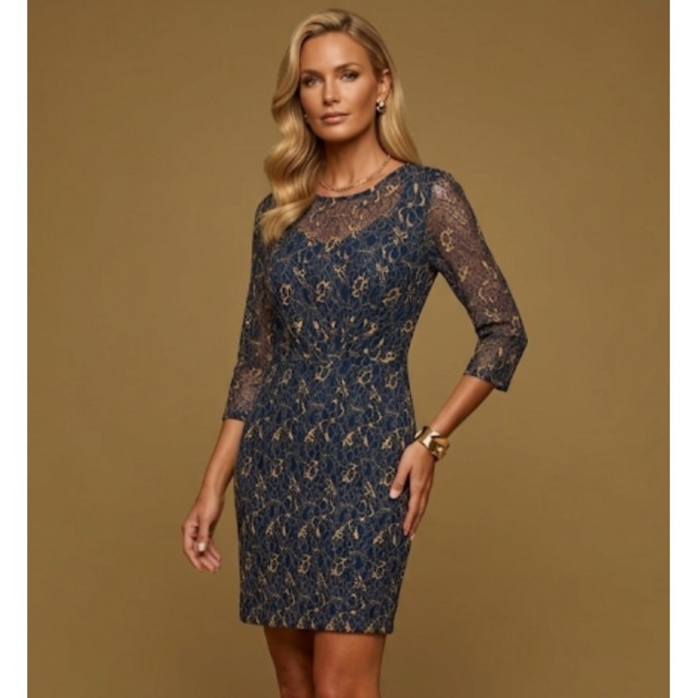 Sugarhill Dress‎ Size 8 Blue Gold Mini Dress Party Wedding Lace Boho Classy  425